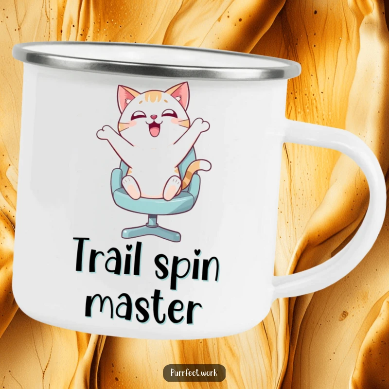 Funny camping mug showing an enthusiastic cat bouncing on a swivel chair, ready for outdoor adventures with a dose of humor.