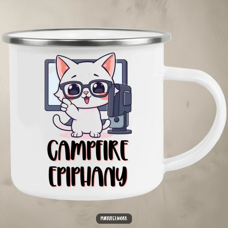 Funny camping mug with a cat wearing glasses enthusiastically pointing at a computer screen, symbolizing outdoor discovery.