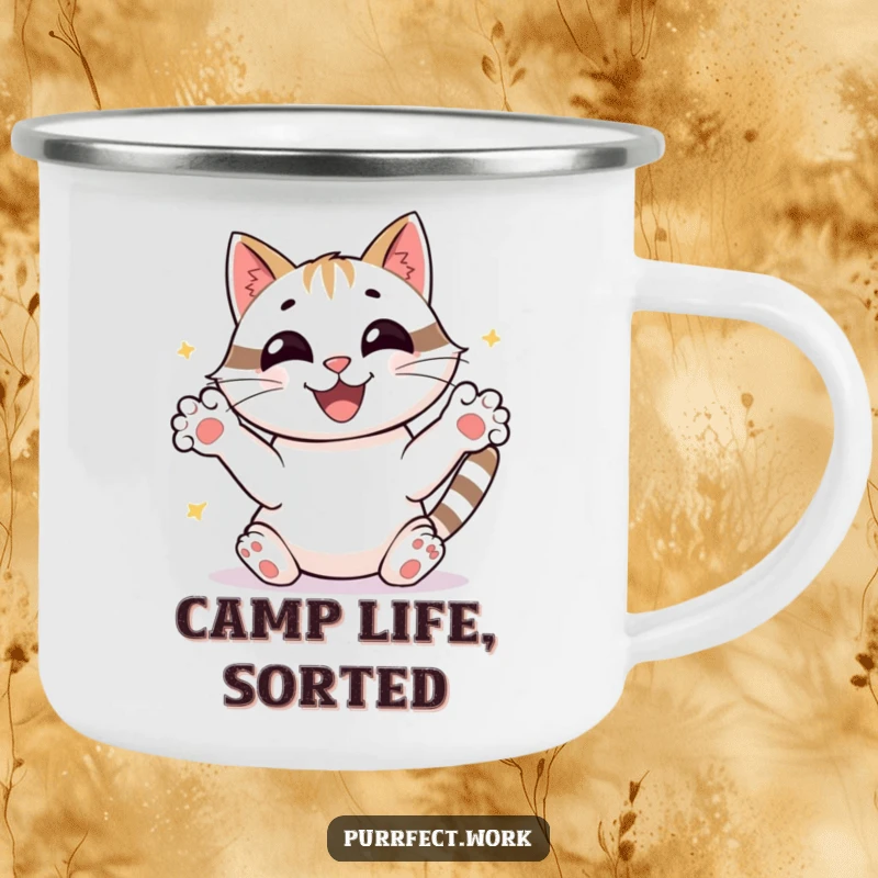 Funny joyful cat sorting papers with frantic paws, beaming, a durable and humorous camping mug for a funny gift.