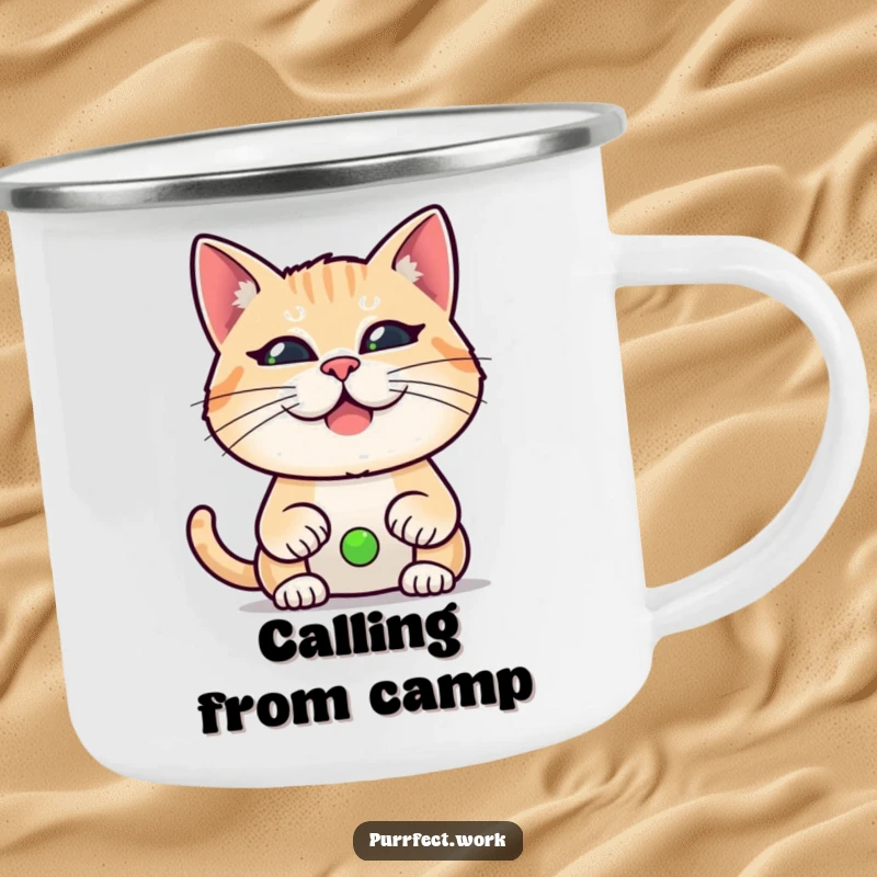 Funny camping mug with a cat making a funny face during a video call, perfect for enjoying drinks outdoors with humor.