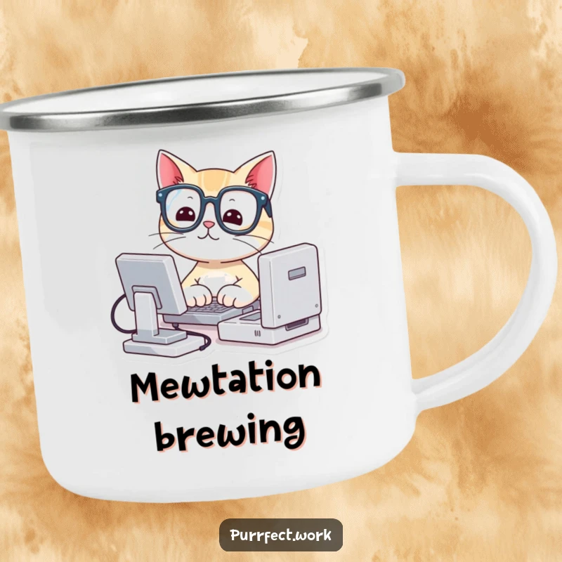 Funny camping mug showing a cute cat in small glasses typing on a miniature computer, designed for outdoor enthusiasts.