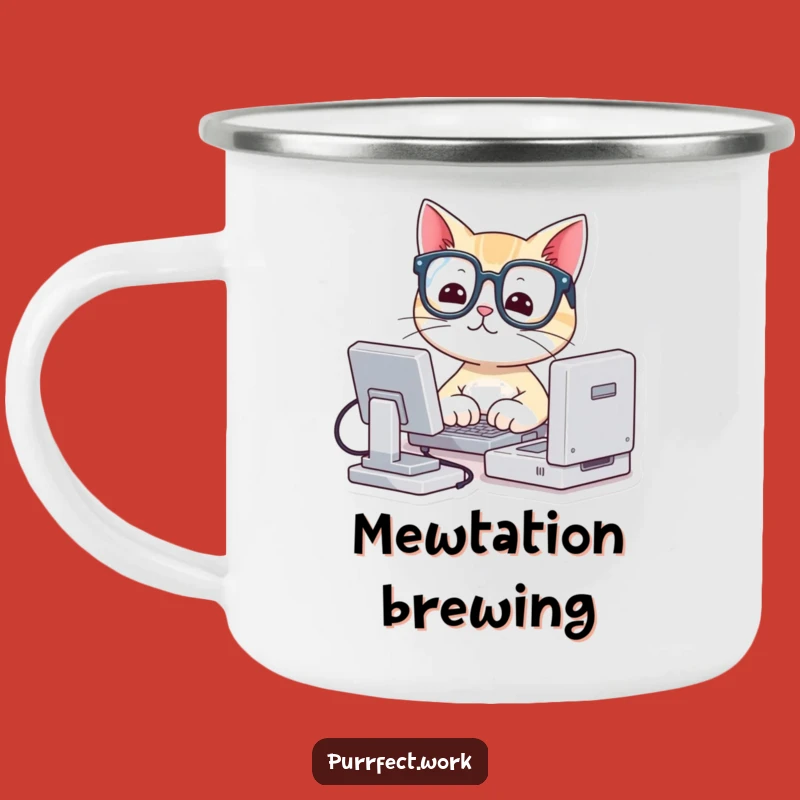 Funny Cat Camping Mug: Cute Nerd Cat with Glasses Typing on Mini Computer