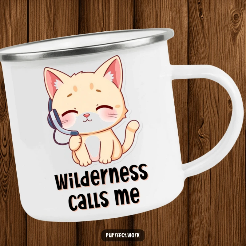 Funny cat wearing a headset, talking on a phone in a camping setting, looking adventurous and humorous, on a sturdy camping mug.