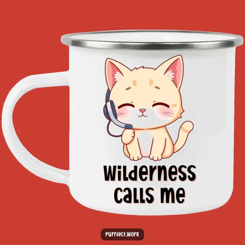 Funny Cat Headset Camping Mug: Cheeky Feline's Outdoor Calls, Rugged and Hilarious Gift