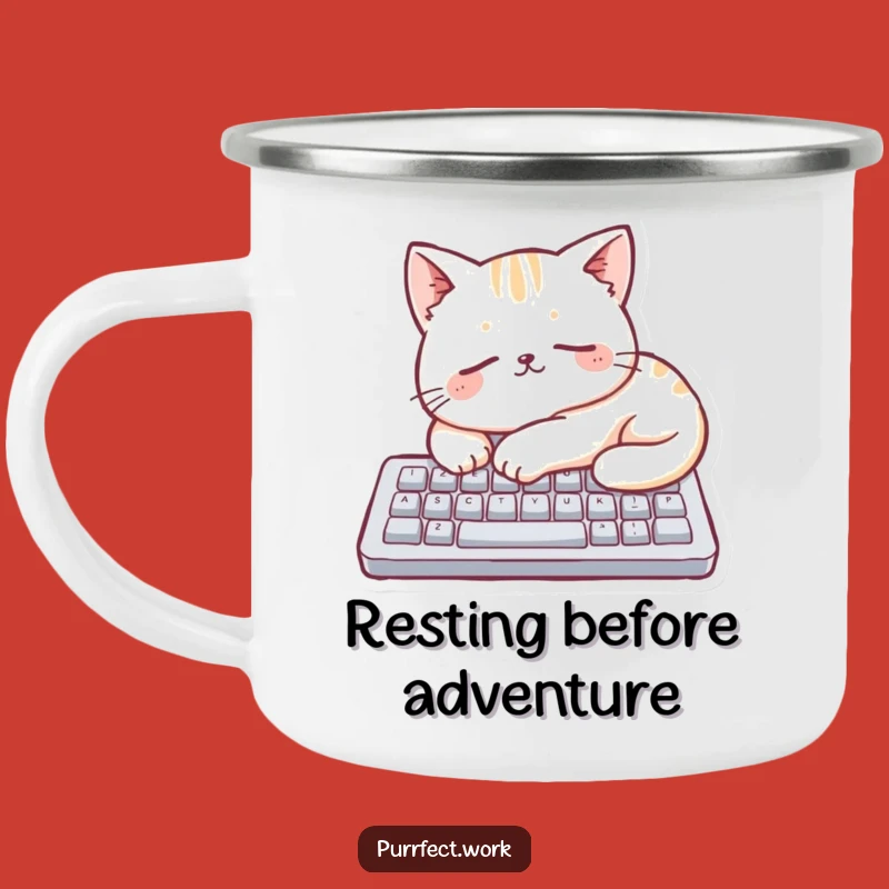 Funny Cat Keyboard Camping Mug: Sleepy Kitty for Outdoor Adventures