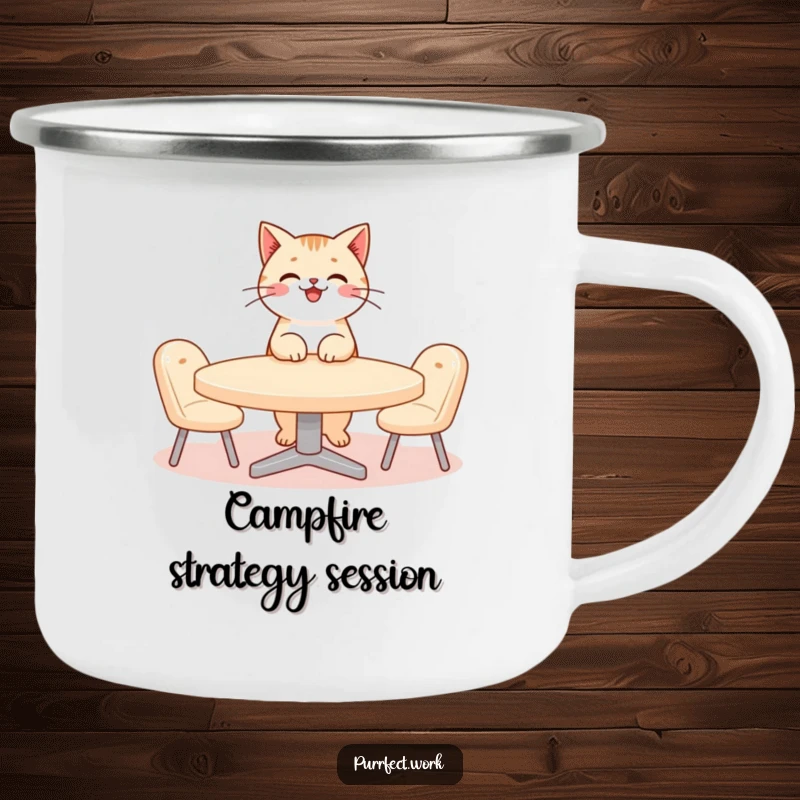 Funny cat meeting camping mug showing a smiling cat character in charge of a tiny, important meeting, perfect for outdoor use.