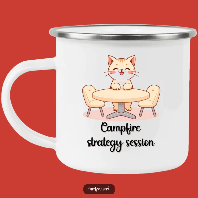 Funny Cat Meeting Camping Mug: Feline Boss Inspires Tiny Office Gathering Outdoors