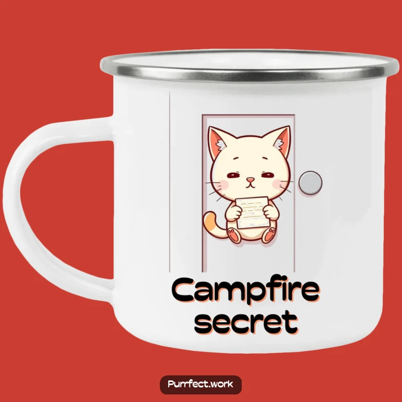 Funny Cat Memo Camping Mug: Mischievous Cat Slipping Note, Outdoor Spy