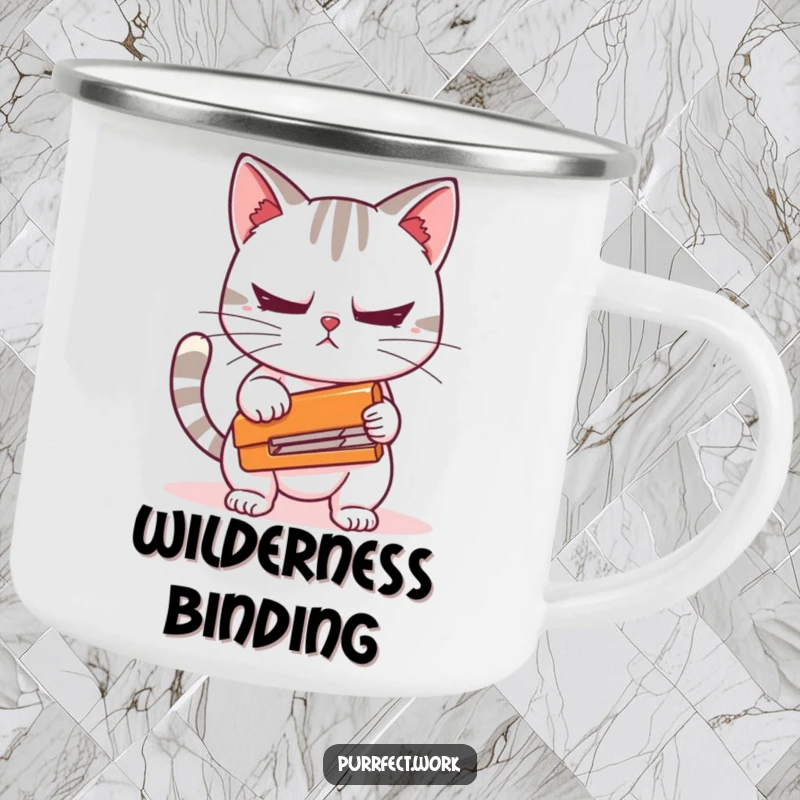Funny camping mug showing a cat character nervously holding a stapler, perfect for outdoor humor and as a unique gift.