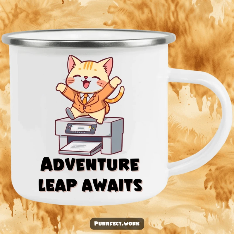 Funny cat camping mug, a cat in a suit jumping over a printer, durable for outdoor use.