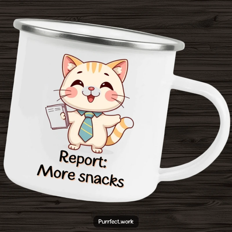 Funny camping mug with a happy cat in a tie, presenting papers, designed for those who work hard and play hard.