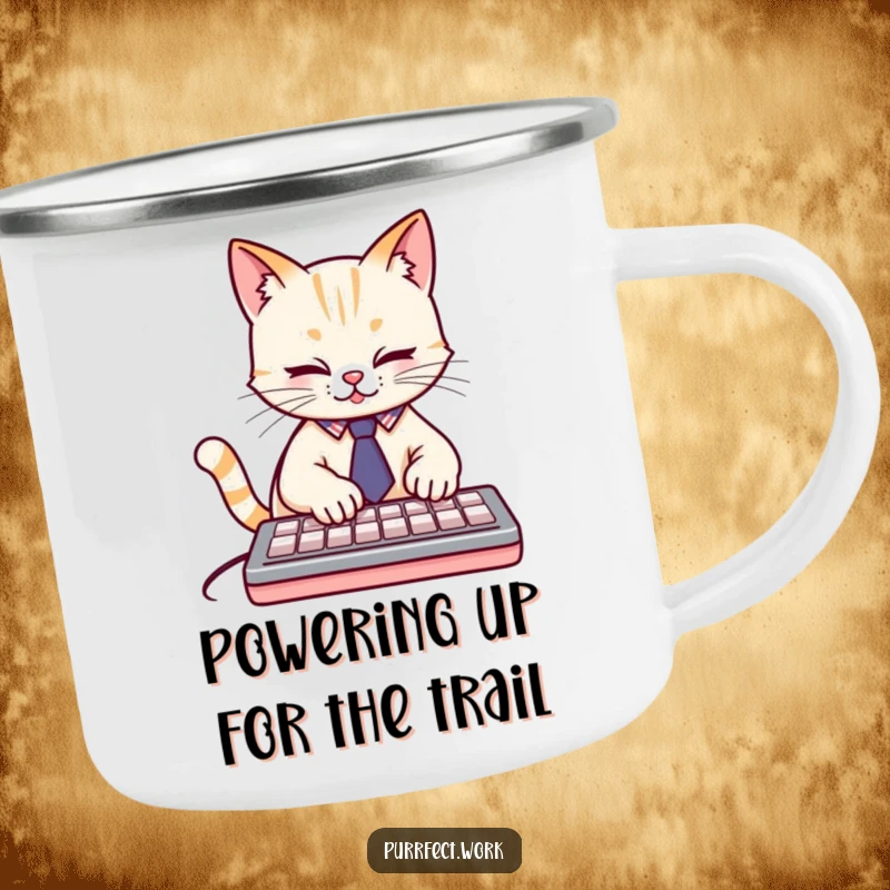 Funny cute cat wearing a tiny tie, typing furiously on a keyboard, a durable and humorous camping mug for a funny gift.
