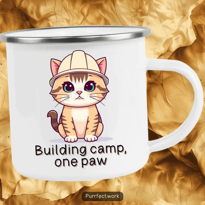 Funny cat camping mug showing a cat wearing a small hard hat, perfect for sipping coffee outdoors.
