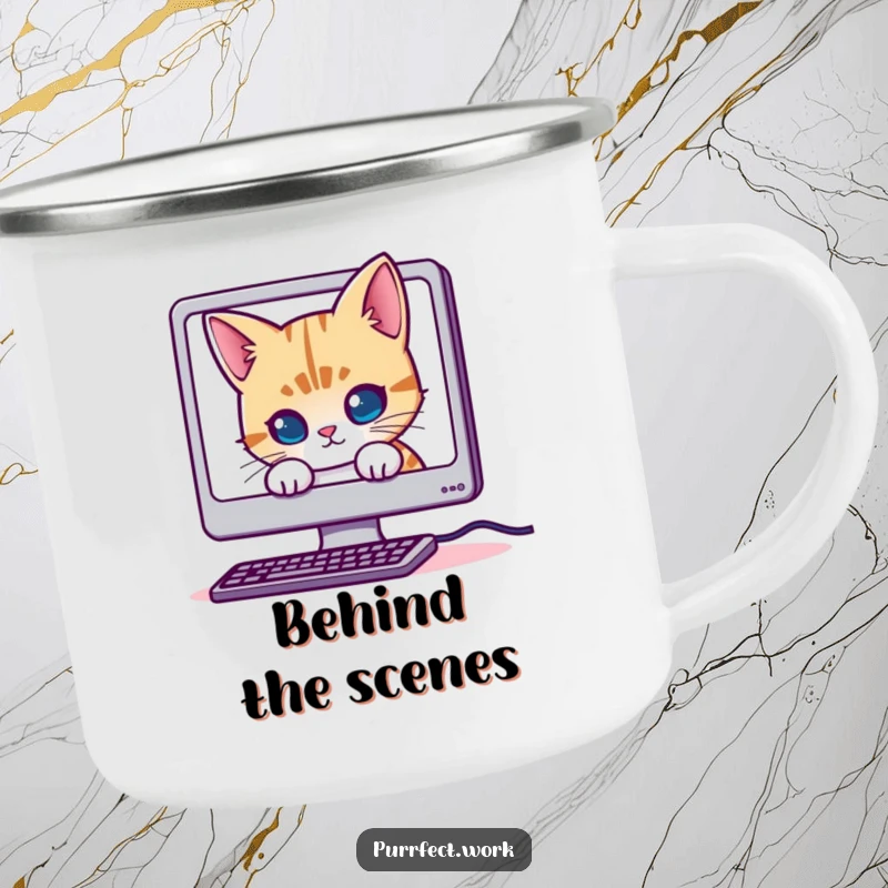 Funny Mischievous Cat Camping Mug: A rugged mug featuring a cat hiding behind a computer screen, perfect for tech lovers and adventurers.