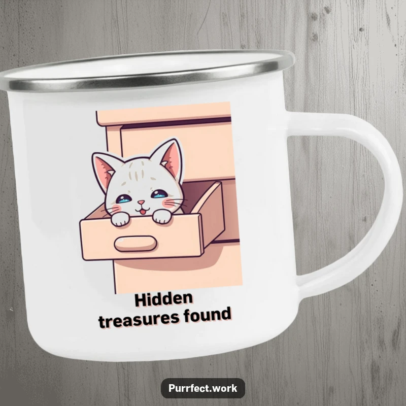 Funny Peek-a-Boo Cat Camping Mug: A cat is peeking out from a drawer, designed for outdoor use.