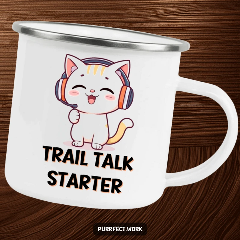 Funny camping mug featuring a happy cat with headphones enthusiastically presenting, ideal for outdoor enthusiasts.