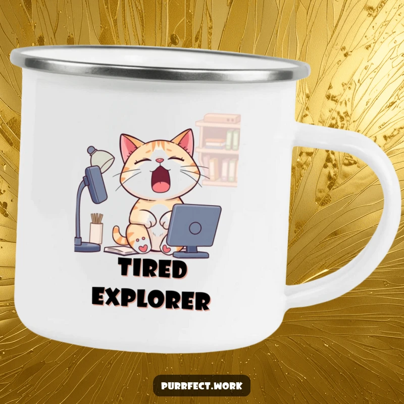 Funny Sleepy Cat Camping Mug: A rugged mug featuring a cat yawning widely at a desk, perfect for tired adventurers.