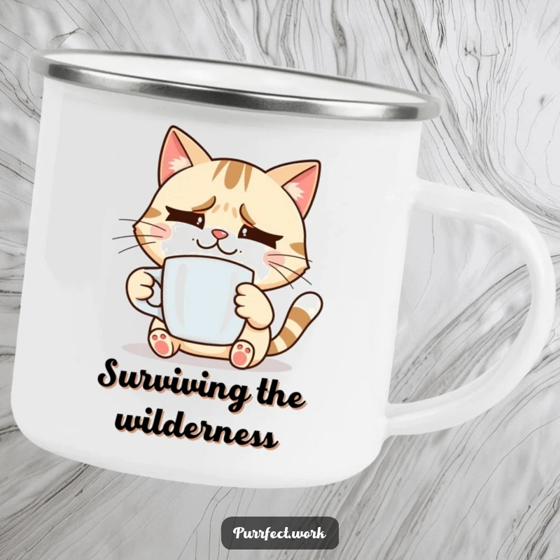 Funny smiling cat holding a coffee mug, looking slightly stressed, a durable and humorous camping mug for a funny gift.