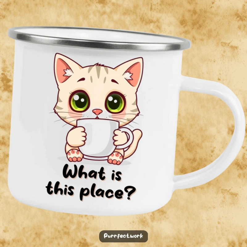 Funny surprised cat camping mug, a wide-eyed cat holding a coffee mug, durable for outdoor use.