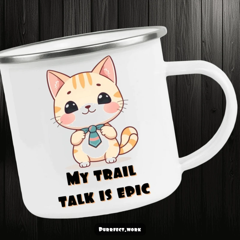Funny cat presentation camping mug showing a cheerful cat character in a tie, confidently presenting, perfect for outdoor fuel.