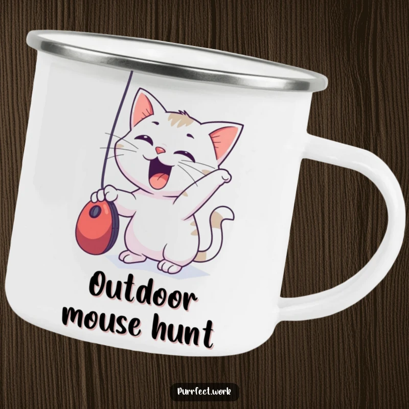 Funny Camping Mug depicting a cat batting at a computer mouse, designed for durability and outdoor enjoyment.