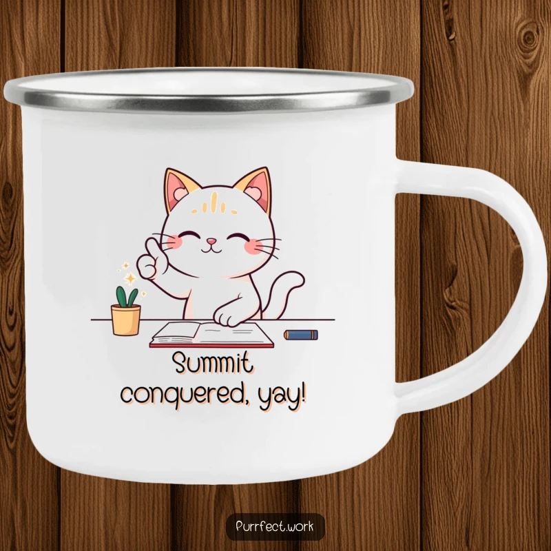 Funny camping mug with a cat at a desk giving a triumphant thumbs-up, symbolizing outdoor success.