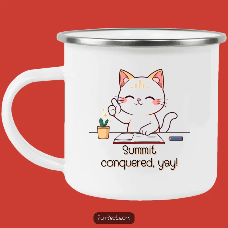Funny Victorious Cat Camping Mug - Triumphant Feline Adventure Gift
