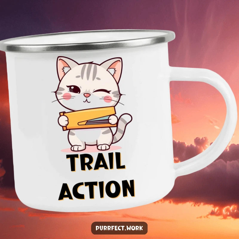 Funny camping mug with a winking cat holding a tiny stapler, ideal for adventure-ready individuals.