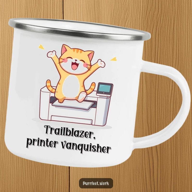 Funny cat joyfully leaping over a printer in an outdoor setting, conveying humor and celebration on a sturdy camping mug.