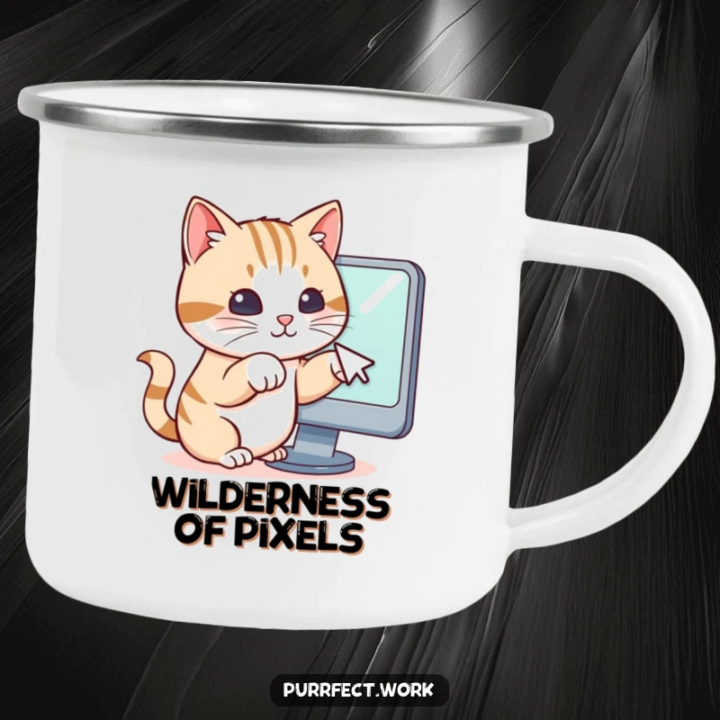 Funny camping mug showing a cat’s paws reaching for a computer mouse cursor on a screen, ideal for outdoor tech humor.
