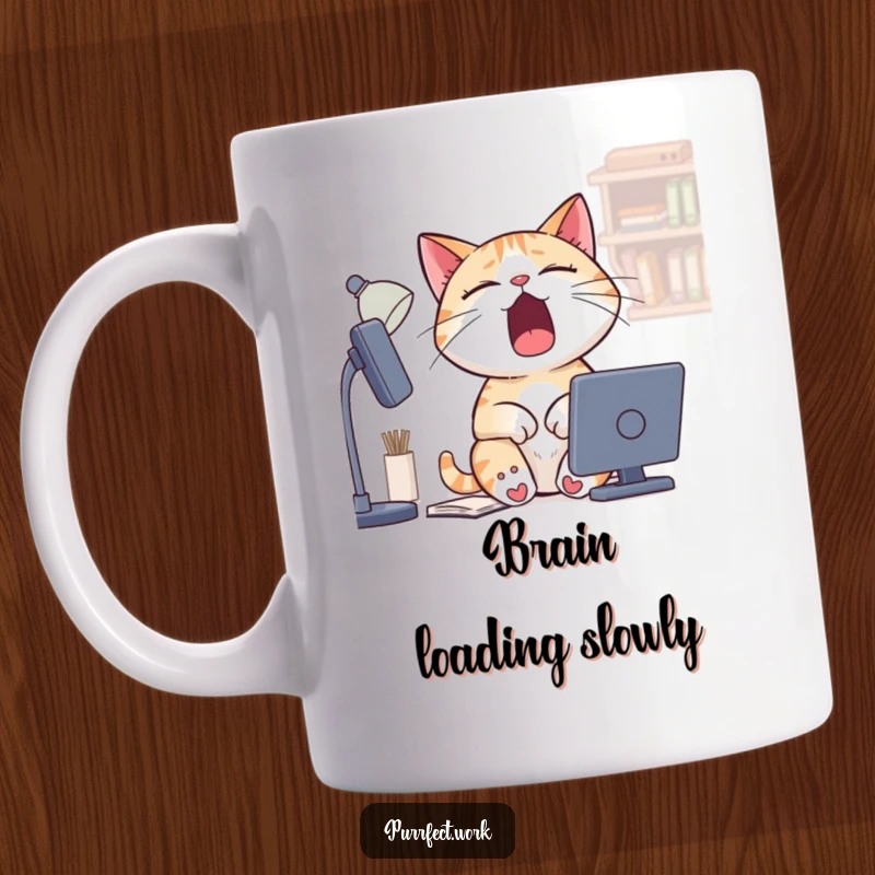 Funny Sleepy Cat Desk Mug: A humorous mug showing a cat yawning widely while sitting at a desk, capturing morning fatigue perfectly.