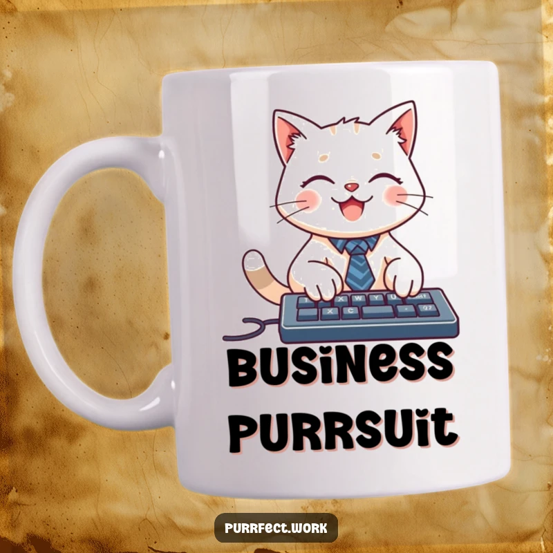 Funny mug of a smiling cat character wearing a tiny tie, typing on a keyboard, looking focused and professional.