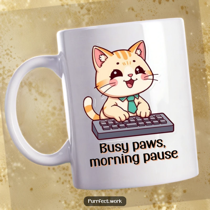Funny mug featuring a cat in a tiny tie intensely typing on a keyboard, embodying dedicated office humor.