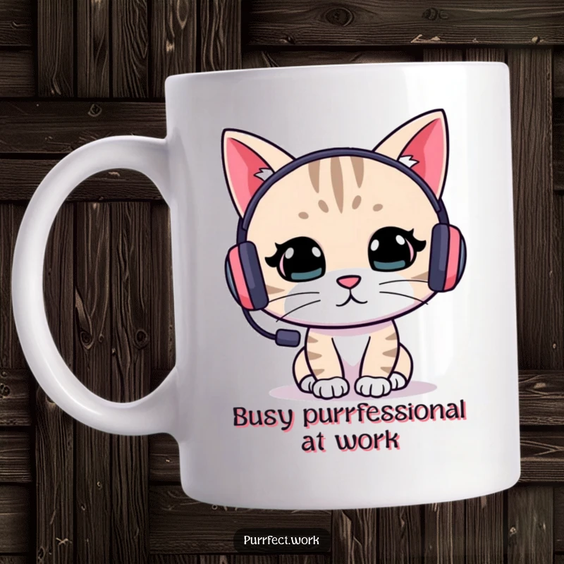 Funny cat gamer mug showing a focused cat wearing a headset, deeply engrossed in a task, perfect for gamers and cat enthusiasts.