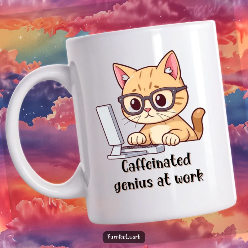 Funny coffee mug showing a cat wearing glasses, peering intently at a computer screen, symbolizing intelligence and focus.