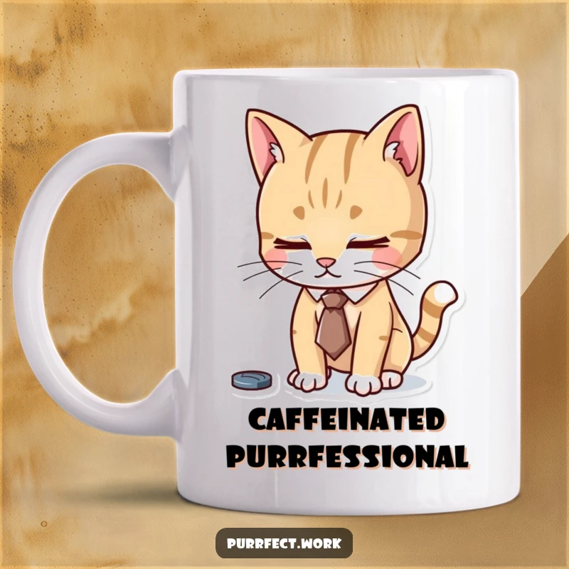 Funny mug showing a serious cat wearing a tiny tie, diligently working at a desk, embodying professional focus and feline ambition.