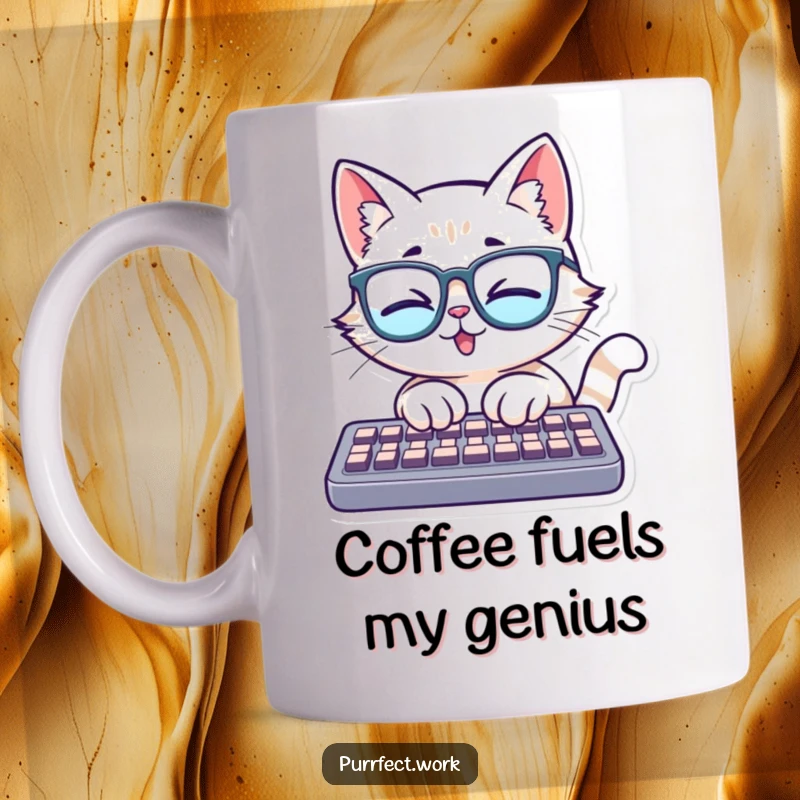 Funny mug featuring a cat wearing glasses, typing energetically on a keyboard, celebrating intellectual pursuits with feline enthusiasm.