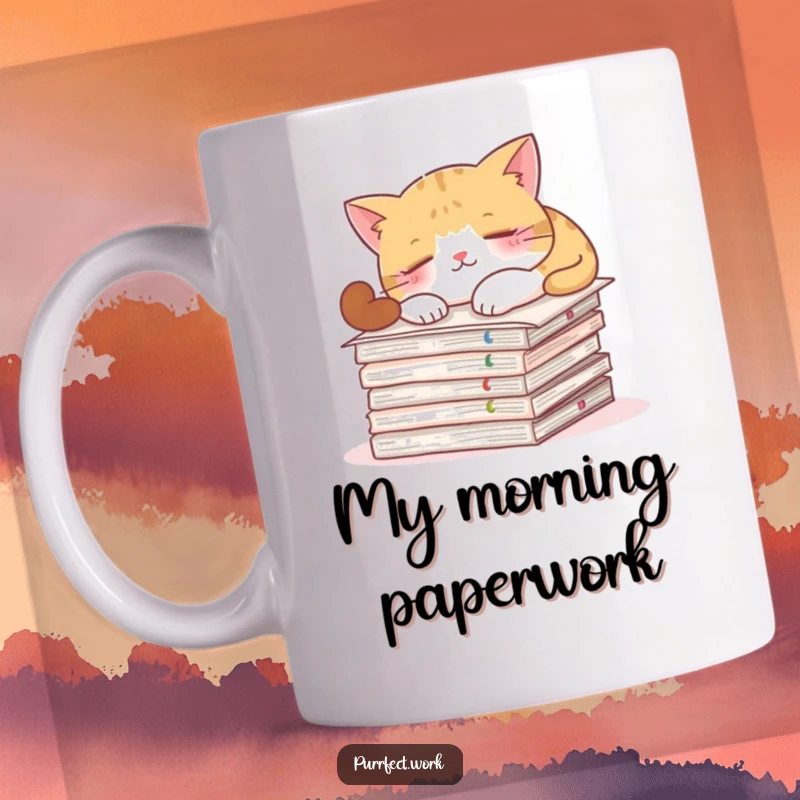 Funny mug showing a contented cat napping soundly atop a pile of important documents, ruling the office.