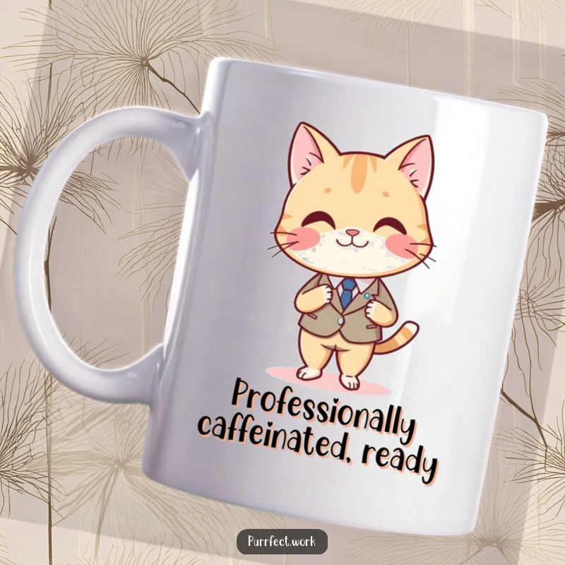 Funny mug of a smiling cat in a suit, sitting at a desk and crossing legs, exuding confidence and humor.