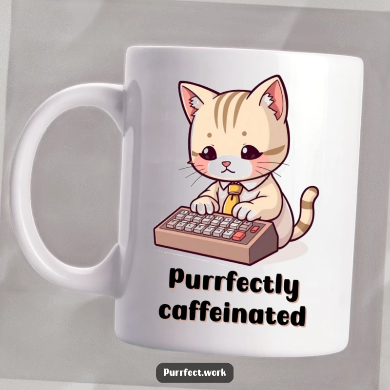Funny Mug with a cute cat wearing a tiny tie, intently typing on a miniature keyboard, representing a small but focused professional.