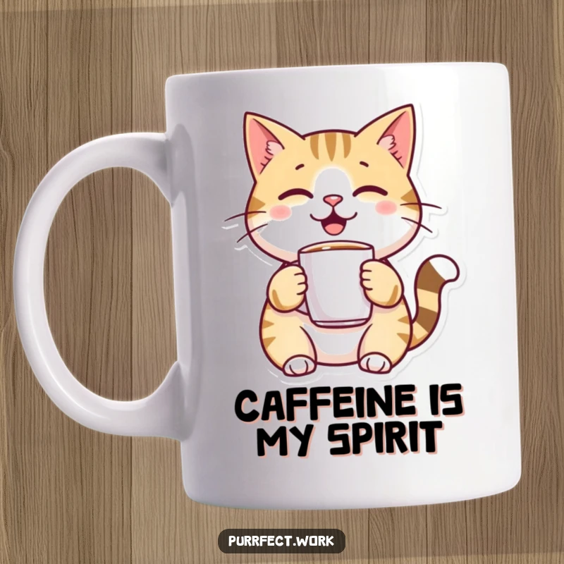 Funny cheerful cat character happily holding a tiny coffee mug, bringing joy and humor to a ceramic mug.