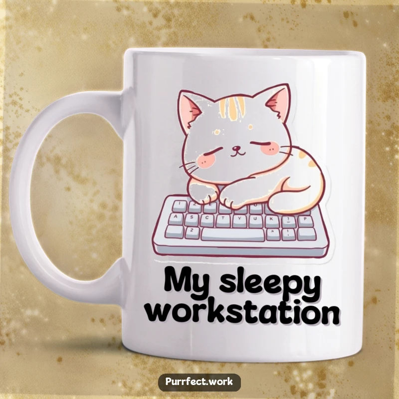 Funny sleepy cat character curled up and snoozing on a small computer keyboard, ideal for a humorous mug.