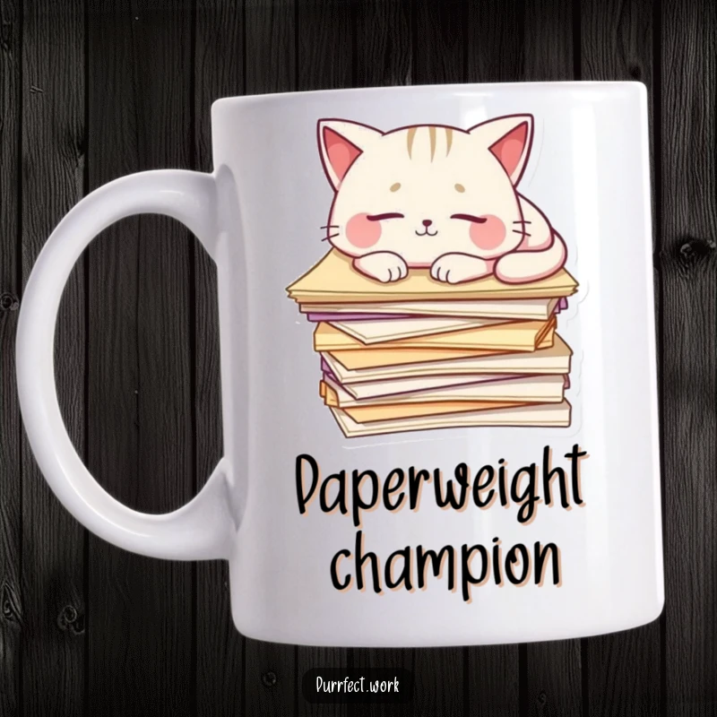 Funny Cat Mug: A cute cat sleeps soundly atop a messy stack of papers, embodying relatable work humor.