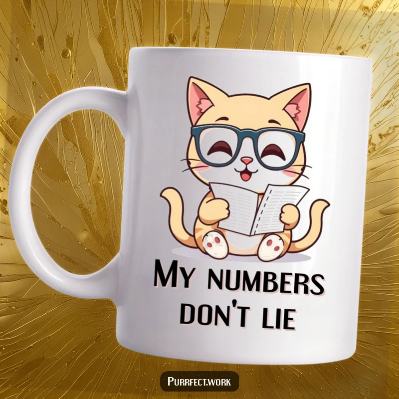 Funny Cat Mug: Intelligent tabby cat wearing glasses diligently reads a spreadsheet, conveying focus and humor.