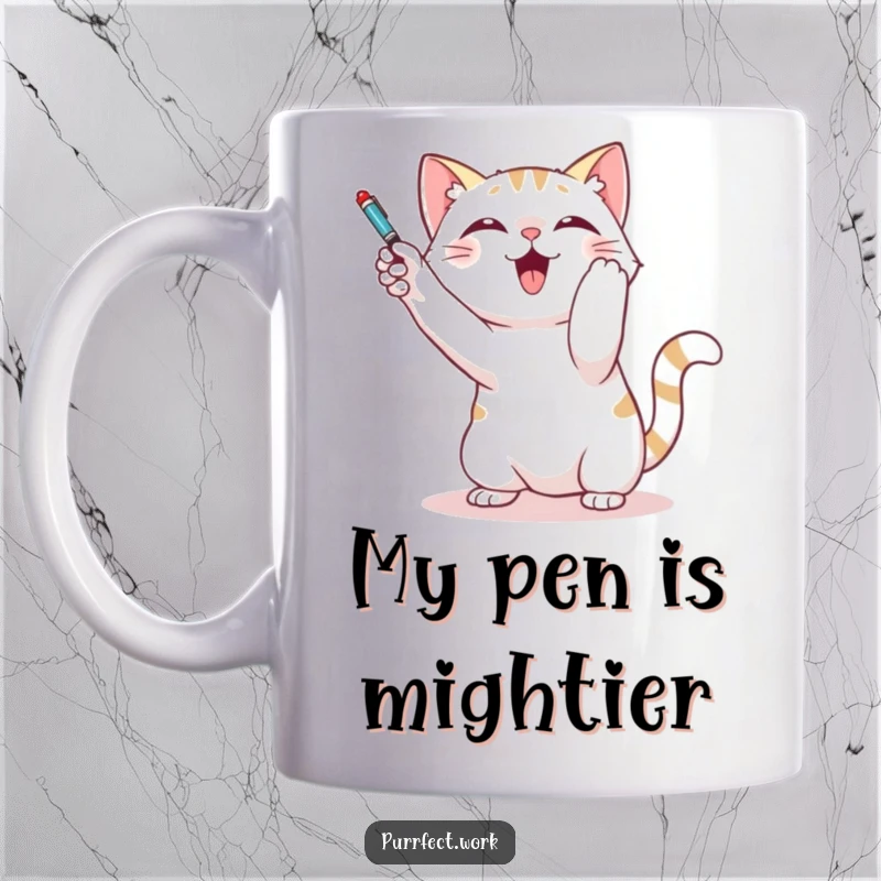 Funny mug depicting a playful cat gleefully batting at a dangling pen, capturing the joy of feline curiosity and playtime.