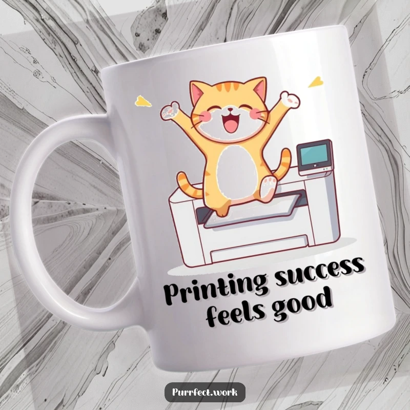 Funny cat character joyfully leaping over a printer with arms outstretched, conveying excitement and humor on a coffee mug.