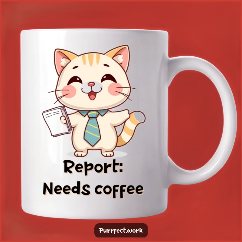 Funny Cat Tie Mug: Happy Business Cat Presenting Papers, Perfect Office Gift