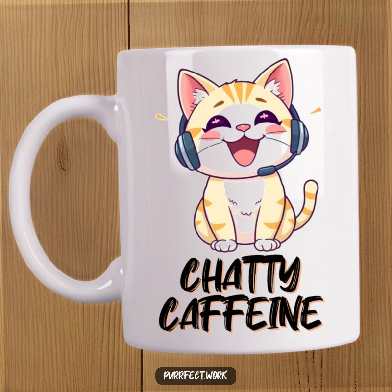 Funny cheerful cat wearing a headset, talking enthusiastically, depicted on a ceramic mug, ideal for communicators.