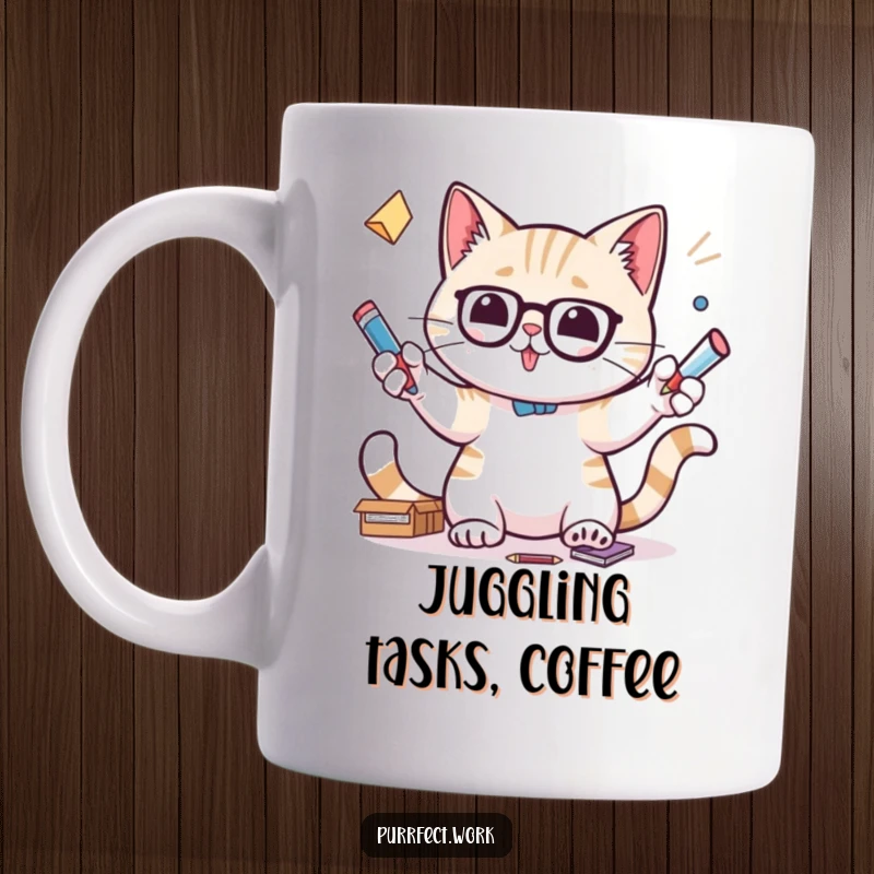 Funny mug with a cat focused on juggling various office supplies like pens and paperclips with its paws.