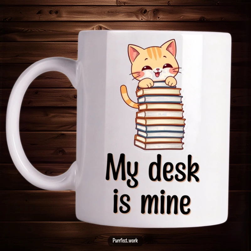 Funny mug featuring a mischievous cat grinning while climbing a tall stack of files, perfect for office humor.